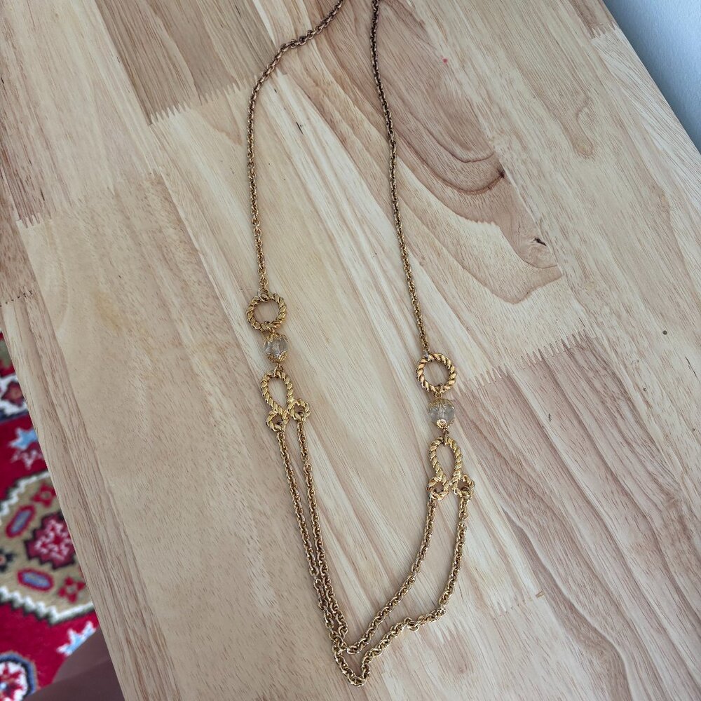 Vintage Gold-Tone Long Necklace with Crystal Beads | Twisted Rope Statement
